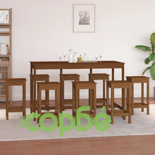 Бар комплект от 9 части, меденокафяв, масивна борова дървесина ➤ топ цена ➤ sorbe.bg