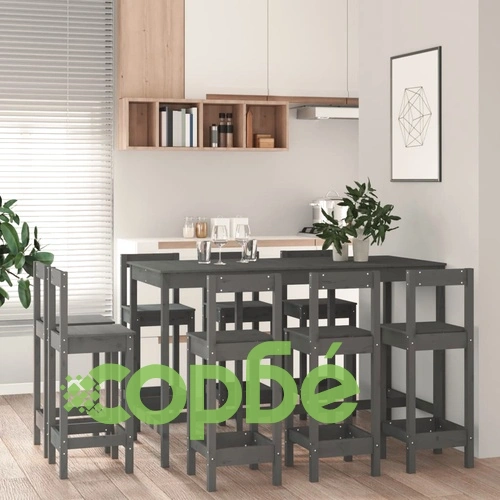 Бар комплект от 9 части, сив, масивна борова дървесина ➤ топ цена ➤ sorbe.bg