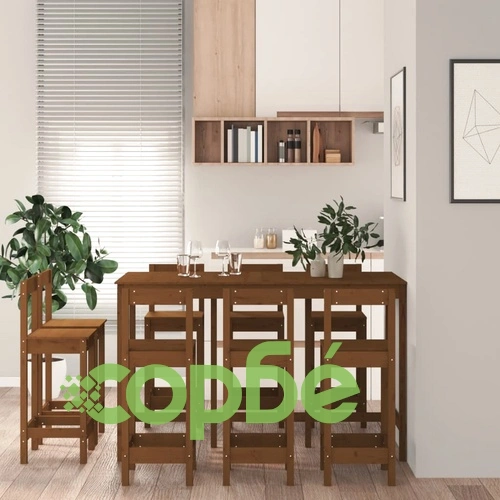 Бар комплект от 9 части, меденокафяв, масивна борова дървесина ➤ топ цена ➤ sorbe.bg