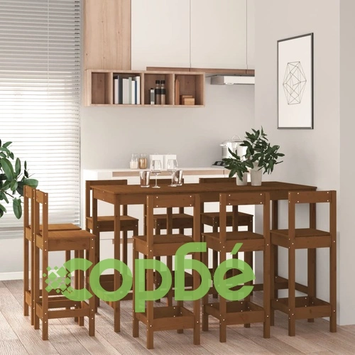 Бар комплект от 9 части, меденокафяв, масивна борова дървесина ➤ топ цена ➤ sorbe.bg