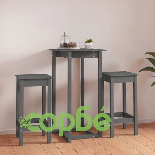 Бар комплект от 3 части, сив, масивна борова дървесина ➤ топ цена ➤ sorbe.bg