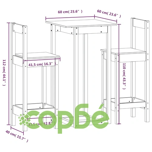 Бар комплект от 3 части, сив, масивна борова дървесина ➤ топ цена ➤ sorbe.bg