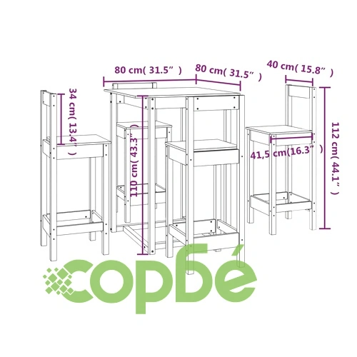 Бар комплект от 5 части, черен, масивна борова дървесина ➤ топ цена ➤ sorbe.bg