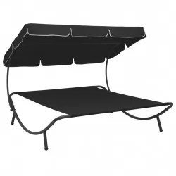 Градинско лаундж легло със сенник, черно