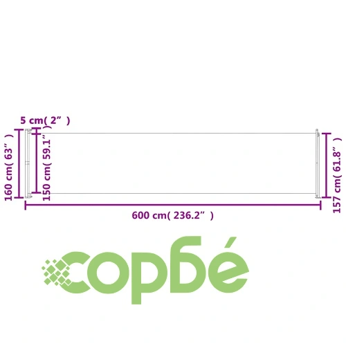Прибираща се дворна странична тента, 600x160 см, сива ➤ топ цена ➤ sorbe.bg