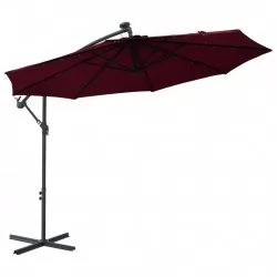 Градински чадър с LED осветление стоманен прът виненочервен