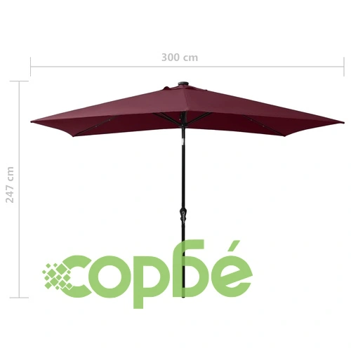 Градински чадър с LED и стоманен прът, бордо червен, 2x3 м ➤ топ цена ➤ sorbe.bg