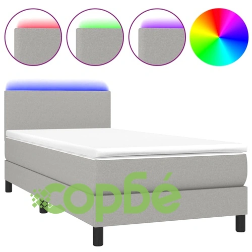 Боксспринг легло с матрак и LED, светлосиво, 80x200 см, плат ➤ топ цена ➤ sorbe.bg