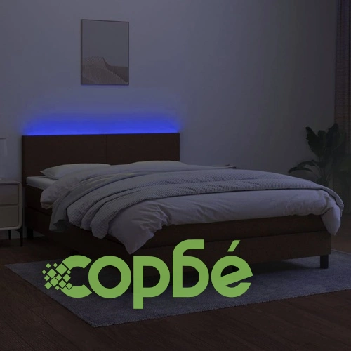 Боксспринг легло с матрак и LED, тъмнокафяво, 140x200 см, плат ➤ топ цена ➤ sorbe.bg