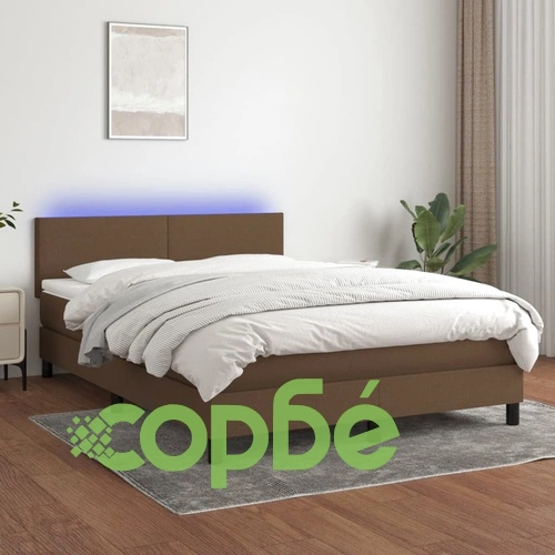 Боксспринг легло с матрак и LED, тъмнокафяво, 140x200 см, плат ➤ топ цена ➤ sorbe.bg