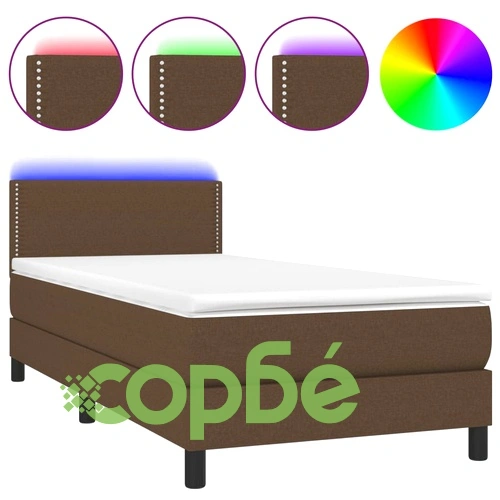 Боксспринг легло с матрак и LED, тъмнокафява, 90x190 см, плат ➤ топ цена ➤ sorbe.bg