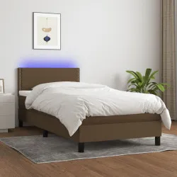 Боксспринг легло с матрак и LED, тъмнокафява, 90x190 см, плат