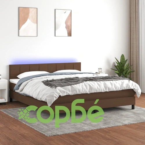 Боксспринг легло с матрак и LED, тъмнокафяво, 160x200 см, плат ➤ топ цена ➤ sorbe.bg