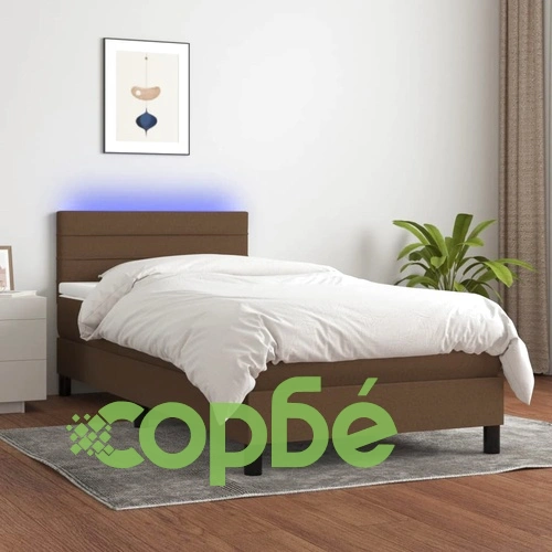 Боксспринг легло с матрак и LED, тъмнокафява, 90x190 см, плат ➤ топ цена ➤ sorbe.bg