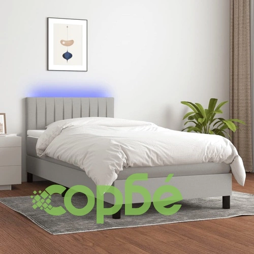 Боксспринг легло с матрак и LED, светлосиво, 90x200 см, плат ➤ топ цена ➤ sorbe.bg