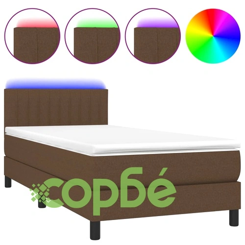 Боксспринг легло с матрак и LED, тъмнокафява, 90x200 см, плат ➤ топ цена ➤ sorbe.bg