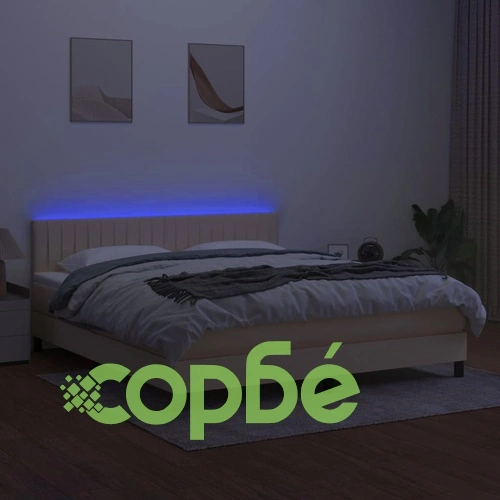 Боксспринг легло с матрак и LED, кремаво, 160x200 см, плат ➤ топ цена ➤ sorbe.bg
