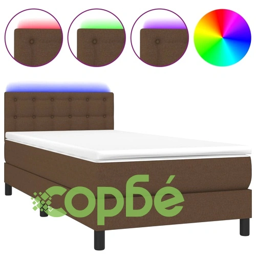 Боксспринг легло с матрак и LED, тъмнокафява, 90x200 см, плат ➤ топ цена ➤ sorbe.bg