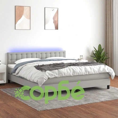 Боксспринг легло с матрак и LED, светлосиво, 160x200 см, плат ➤ топ цена ➤ sorbe.bg