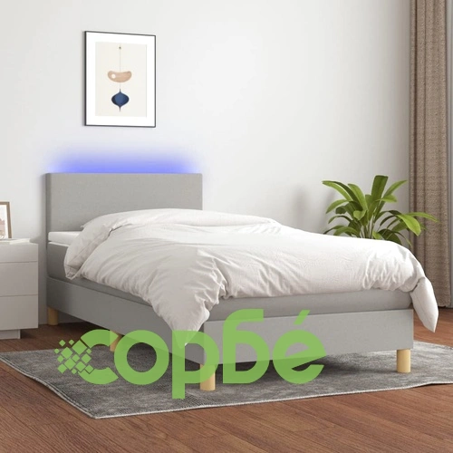Боксспринг легло с матрак и LED, светлосиво, 100x200 см, плат ➤ топ цена ➤ sorbe.bg