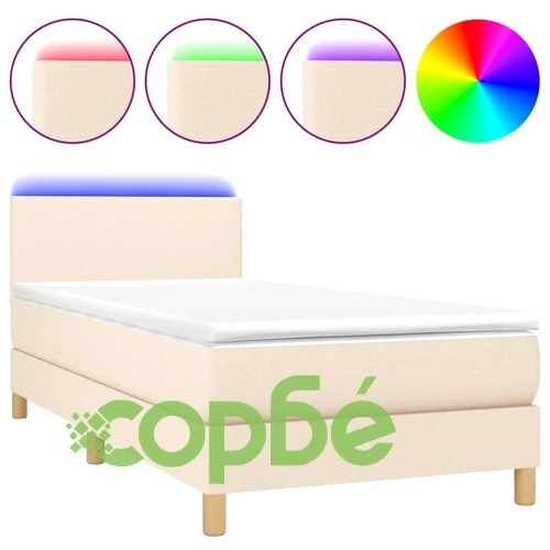 Боксспринг легло с матрак и LED, кремаво, 100x200 см, плат ➤ топ цена ➤ sorbe.bg