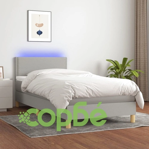 Боксспринг легло с матрак и LED, светлосиво, 90x200 см, плат ➤ топ цена ➤ sorbe.bg