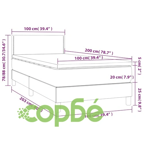 Боксспринг легло с матрак и LED, светлосиво, 100x200 см, плат ➤ топ цена ➤ sorbe.bg