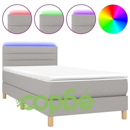 Боксспринг легло с матрак и LED, светлосиво, 90x200 см, плат ➤ топ цена ➤ sorbe.bg