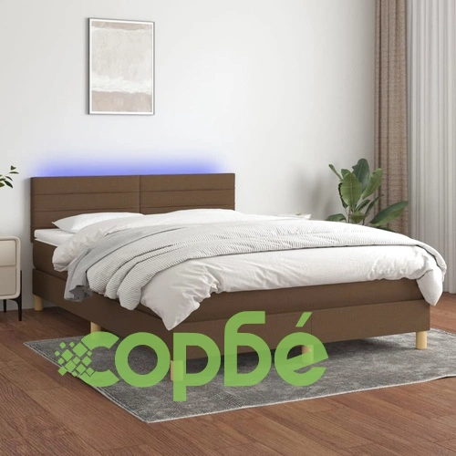 Боксспринг легло с матрак и LED, тъмнокафяво, 140x200 см, плат ➤ топ цена ➤ sorbe.bg