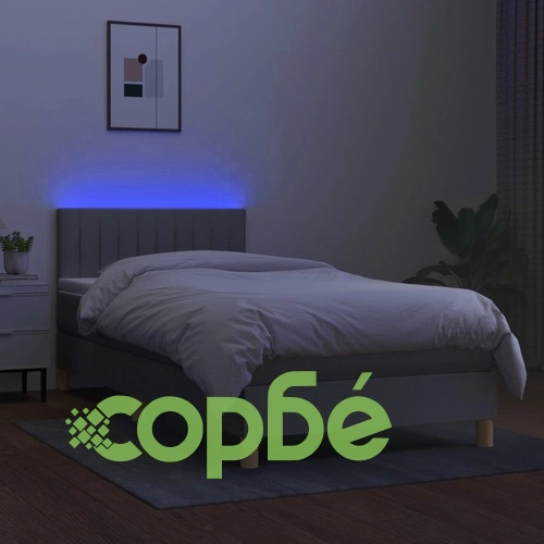 Боксспринг легло с матрак и LED, светлосиво, 90x200 см, плат ➤ топ цена ➤ sorbe.bg