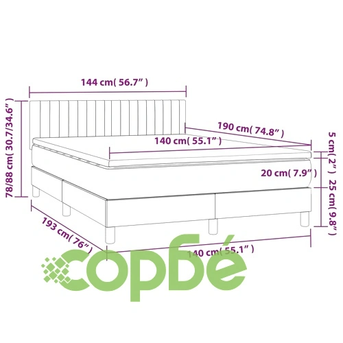 Боксспринг легло с матрак и LED, светлосиво, 140x190 см, плат ➤ топ цена ➤ sorbe.bg