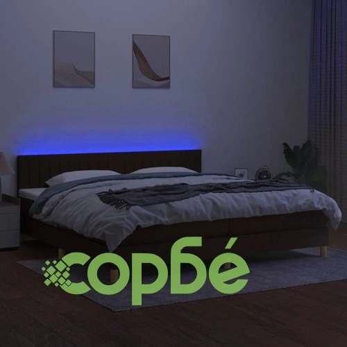 Боксспринг легло с матрак и LED, тъмнокафява, 200x200 см, плат ➤ топ цена ➤ sorbe.bg