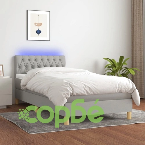Боксспринг легло с матрак и LED, светлосиво, 90x200 см, плат ➤ топ цена ➤ sorbe.bg