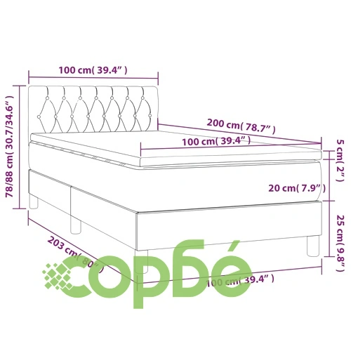 Боксспринг легло с матрак и LED, светлосиво, 100x200 см, плат ➤ топ цена ➤ sorbe.bg