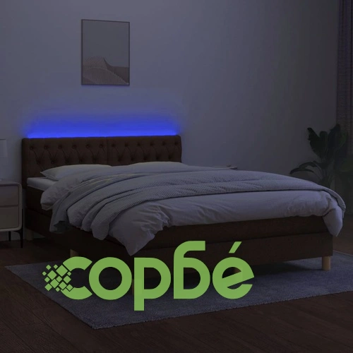 Боксспринг легло с матрак и LED, тъмнокафяво, 140x200 см, плат ➤ топ цена ➤ sorbe.bg