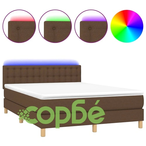 Боксспринг легло с матрак и LED, тъмнокафяво, 140x190 см, плат ➤ топ цена ➤ sorbe.bg