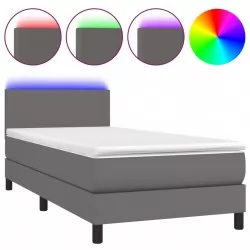 Боксспринг легло с матрак и LED сиво 80x200 см изкуствена кожа