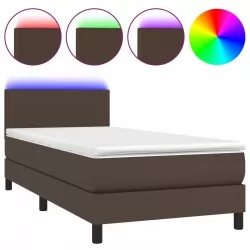 Боксспринг легло с матрак LED кафяво 90x200 см изкуствена кожа