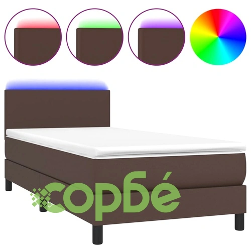 Боксспринг легло с матрак LED кафяво 90x200 см изкуствена кожа ➤ топ цена ➤ sorbe.bg