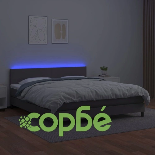 Боксспринг легло с матрак и LED сиво 160x200 см изкуствена кожа ➤ топ цена ➤ sorbe.bg