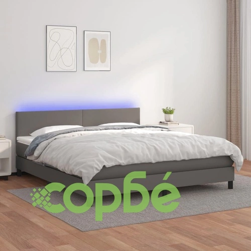 Боксспринг легло с матрак и LED сиво 160x200 см изкуствена кожа ➤ топ цена ➤ sorbe.bg