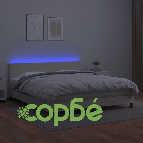 Боксспринг легло с матрак LED кремаво 180x200см изкуствена кожа ➤ топ цена ➤ sorbe.bg