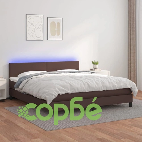 Боксспринг легло с матрак LED кафяво 180x200 см изкуствена кожа ➤ топ цена ➤ sorbe.bg
