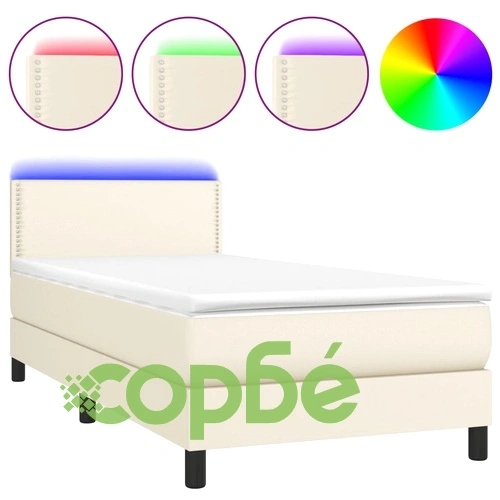 Боксспринг легло с матрак LED кремаво 90x200 см изкуствена кожа ➤ топ цена ➤ sorbe.bg