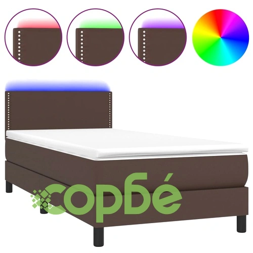 Боксспринг легло с матрак LED кафяво 90x200 см изкуствена кожа ➤ топ цена ➤ sorbe.bg