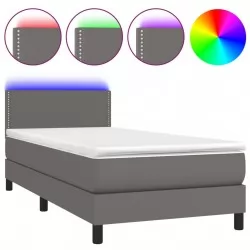Боксспринг легло с матрак и LED сиво 90x200 см изкуствена кожа