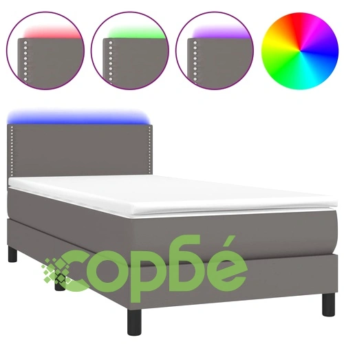 Боксспринг легло с матрак и LED сиво 90x200 см изкуствена кожа ➤ топ цена ➤ sorbe.bg