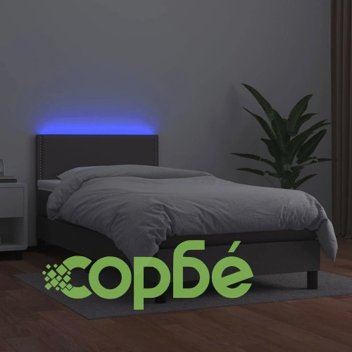 Боксспринг легло с матрак и LED сиво 90x200 см изкуствена кожа ➤ топ цена ➤ sorbe.bg