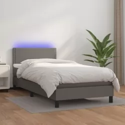 Боксспринг легло с матрак и LED сиво 90x200 см изкуствена кожа