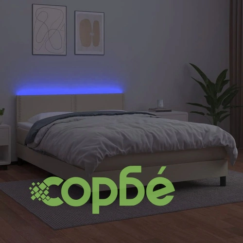 Боксспринг легло с матрак LED кремаво 140x190см изкуствена кожа ➤ топ цена ➤ sorbe.bg